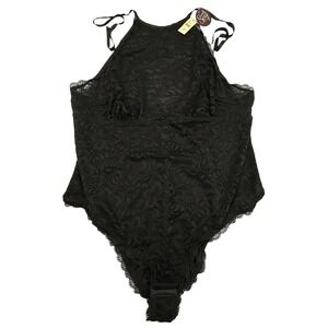Cacique Bodysuit Womens 22/24 Black Lingerie Lace Halter Snap Crotch Lane Bryant